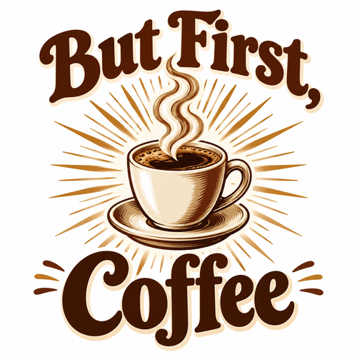 But First Coffee funny t-shirt design with dramatic coffee cup